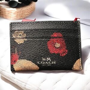Coach Black and Red Floral Card Holder Leather Wildflower